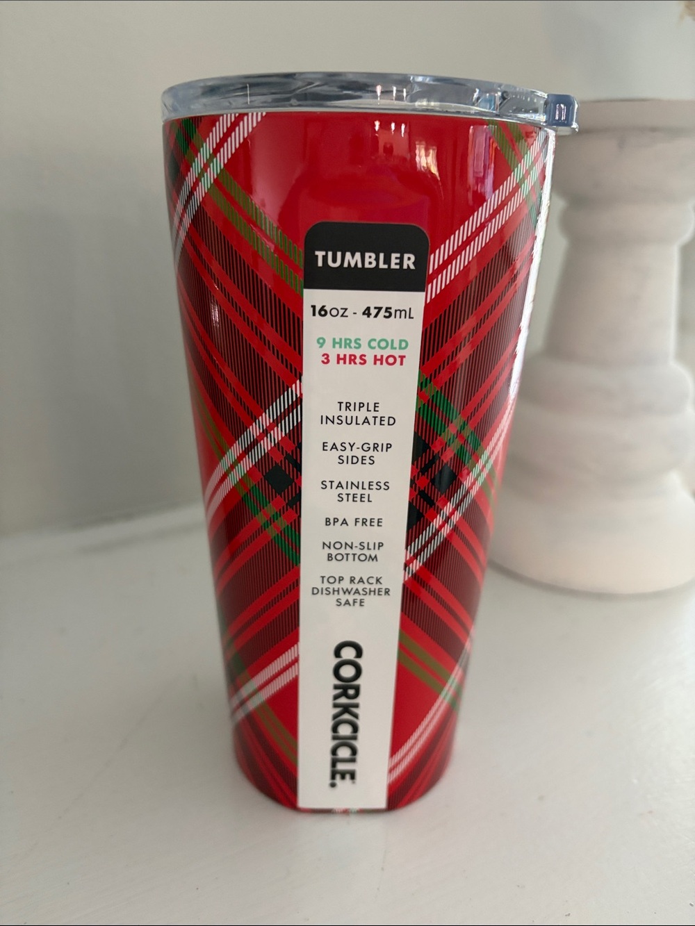 Corkcicle NWT 16oz red plaid tumbler